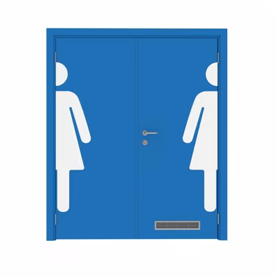 Дверь Dionysus  двустворчатая RAL 5015 с вентиляционной решёткой с наклейкой WOMAN с Al-кромкой по высоте