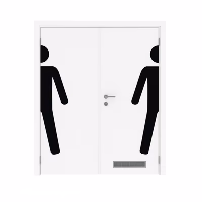 Дверь деревянная в пластике CPL  двустворчатая Белый с вентиляционной решёткой с наклейкой MAN с Al-кромкой по высоте