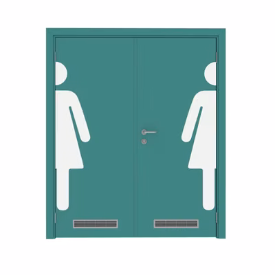 Дверь Dionysus  двустворчатая RAL 6033 с двумя вентиляционными решётками с наклейкой WOMAN с Al-кромкой по периметру