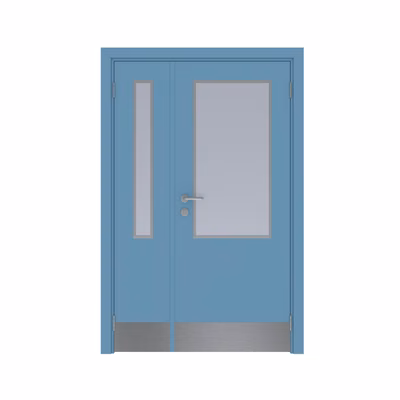 Дверь композитная Poseidon  полуторная RAL 5024 с остеклением №1 с отбойной пластиной на уровне ног с Al-кромкой по периметру