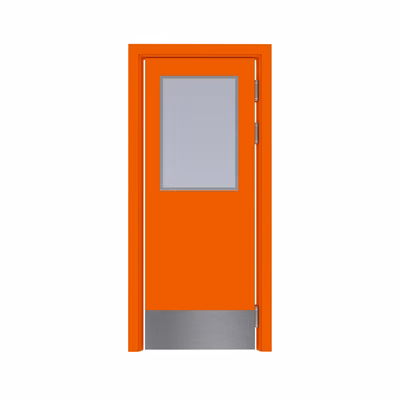 Дверь композитная Poseidon маятниковая одностворчатая RAL 2009 с остеклением №4 с отбойной пластиной на уровне ног с Al-кромкой по высоте