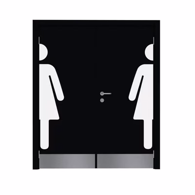 Дверь Dionysus  двустворчатая RAL 9005 с отбойной пластиной на уровне ног с наклейкой WOMAN с Al-кромкой по периметру
