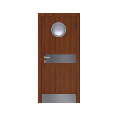 Дверь Dionysus  одностворчатая Орех гварнери с иллюминатором с отбойными пластинами на уровне ног и рук с Al-кромкой по периметру