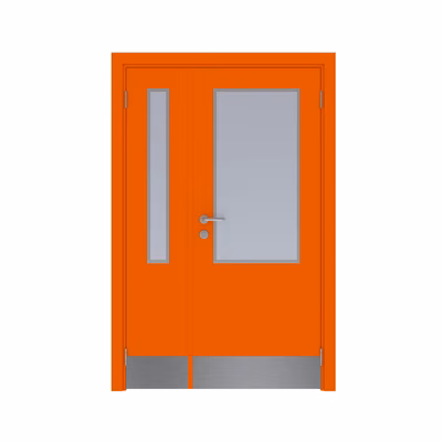 Дверь Dionysus  полуторная RAL 2009 с остеклением №6 с отбойной пластиной на уровне ног