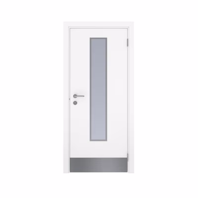 Дверь деревянная в пластике CPL  одностворчатая Белый с остеклением №2 с отбойной пластиной на уровне ног с Al-кромкой по высоте