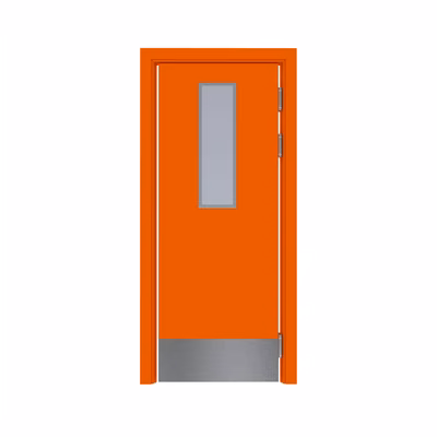 Дверь Dionysus маятниковая одностворчатая RAL 2009 с остеклением №6 с отбойной пластиной на уровне ног с Al-кромкой по высоте