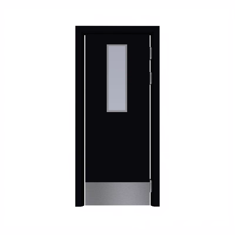 Дверь Dionysus маятниковая одностворчатая RAL 9005 с остеклением №6 с отбойной пластиной на уровне ног