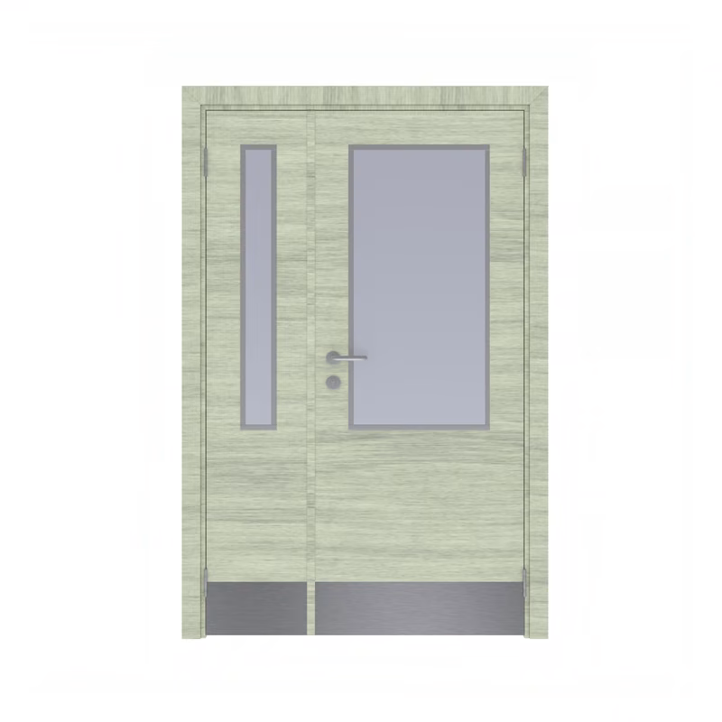 Дверь Dionysus  полуторная Дуб сильвер поперечный с остеклением №3 с отбойной пластиной на уровне ног