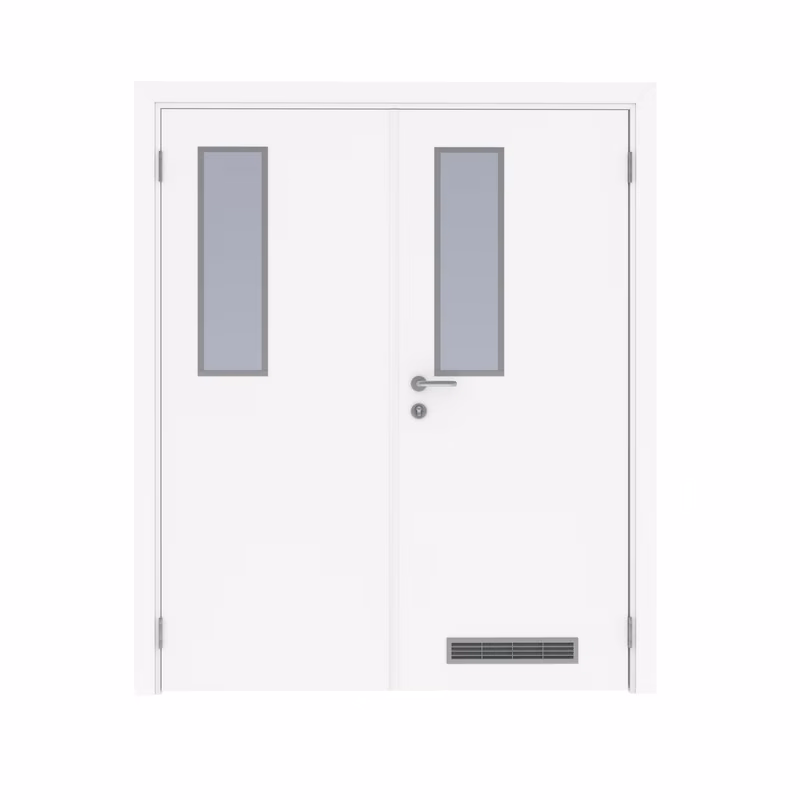 Дверь деревянная в пластике CPL  двустворчатая Белый с остеклением №5 с вентиляционной решёткой с Al-кромкой по периметру