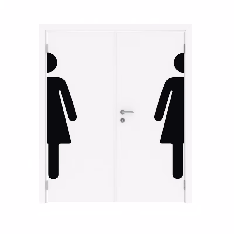 Дверь деревянная в пластике CPL  двустворчатая Белый с наклейкой WOMAN с Al-кромкой по высоте