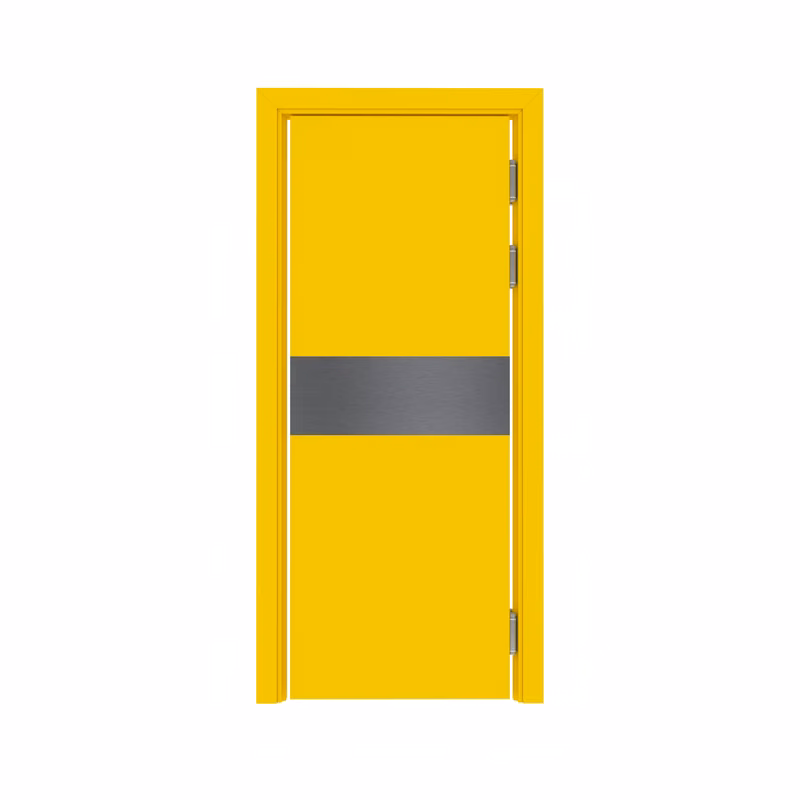 Дверь композитная Poseidon маятниковая одностворчатая RAL 1023 с отбойной пластиной на уровне рук с Al-кромкой по высоте