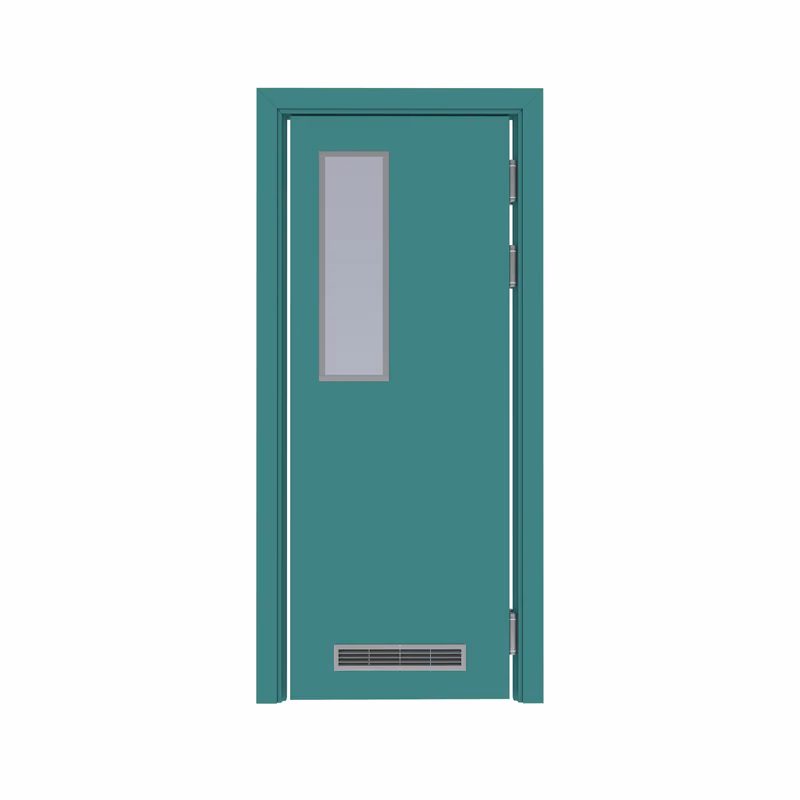 Дверь композитная Poseidon маятниковая одностворчатая RAL 6033 с остеклением №5 с вентиляционной решёткой с Al-кромкой по периметру