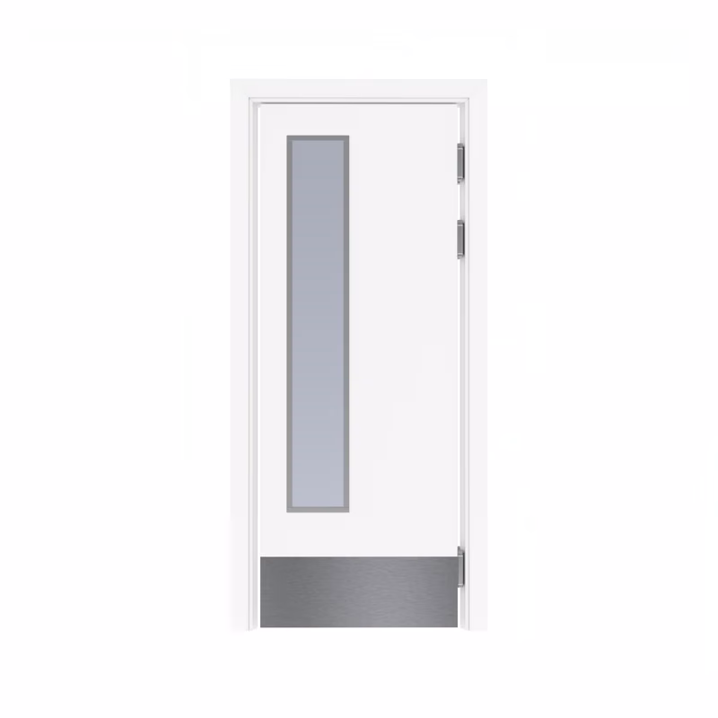 Дверь деревянная в пластике CPL маятниковая одностворчатая Белый с остеклением №1 с отбойной пластиной на уровне ног с Al-кромкой по периметру
