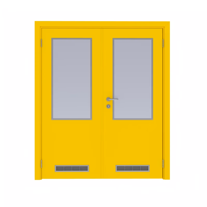 Дверь композитная Poseidon  двустворчатая RAL 1023 с остеклением №7 с двумя вентиляционными решётками