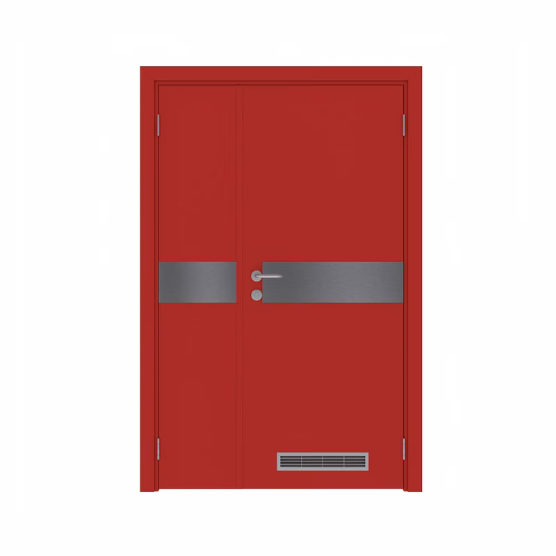 Дверь композитная Poseidon  полуторная RAL 3001 с отбойной пластиной на уровне рук с вентиляционной решёткой с Al-кромкой по периметру