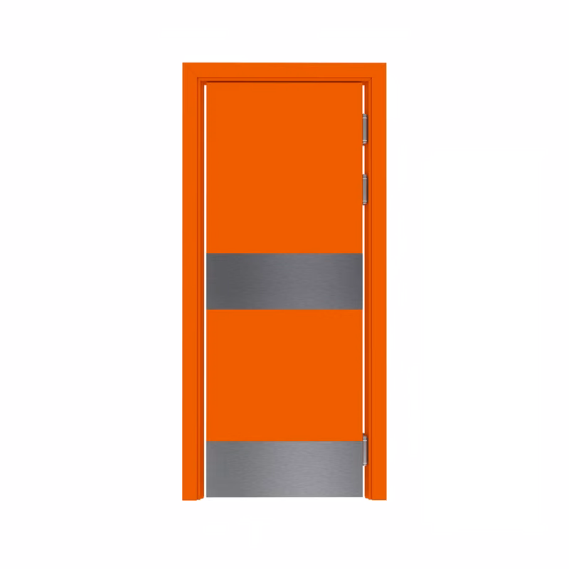 Дверь композитная Poseidon маятниковая одностворчатая RAL 2009 с отбойными пластинами на уровне ног и рук с Al-кромкой по высоте