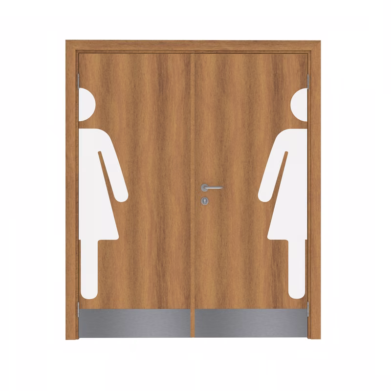 Дверь композитная Poseidon  двустворчатая Орех королевский с перламутром с отбойной пластиной на уровне ног с наклейкой WOMAN с Al-кромкой по высоте