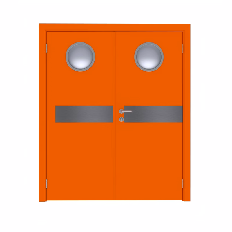 Дверь Dionysus  двустворчатая RAL 2009 с иллюминатором с отбойной пластиной на уровне рук с Al-кромкой по периметру