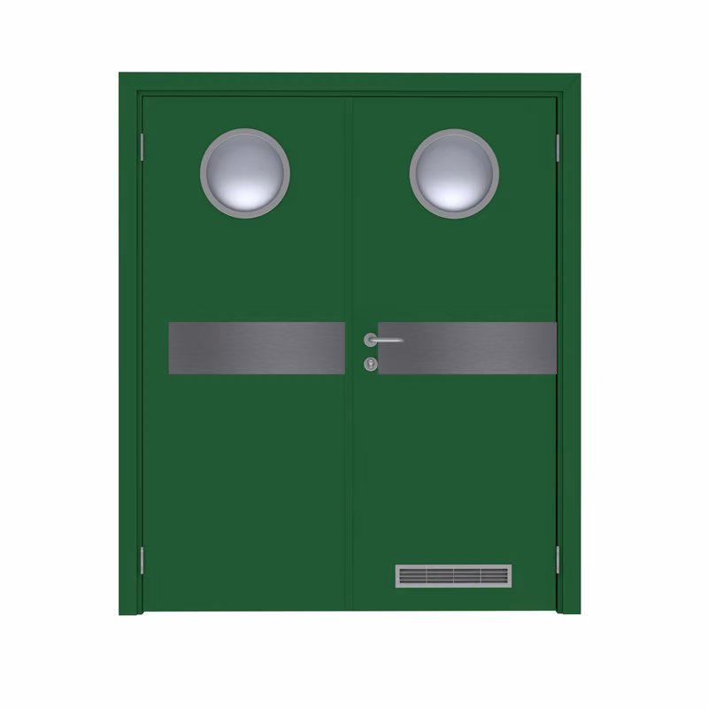 Дверь Dionysus  двустворчатая RAL 6002 с иллюминатором с отбойной пластиной на уровне рук с вентиляционной решёткой с Al-кромкой по периметру