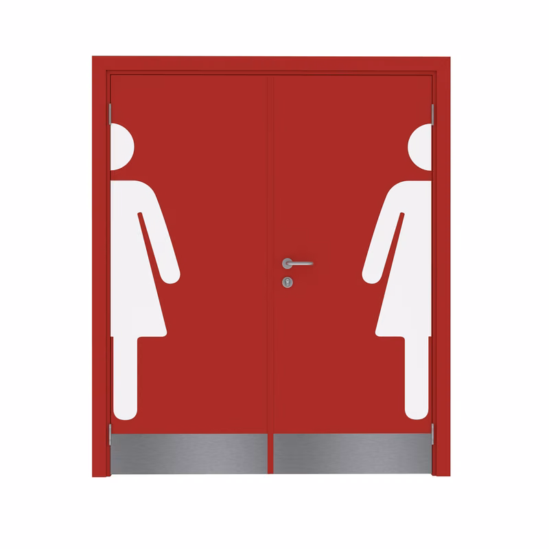 Дверь Dionysus  двустворчатая RAL 3001 с отбойной пластиной на уровне ног с наклейкой WOMAN