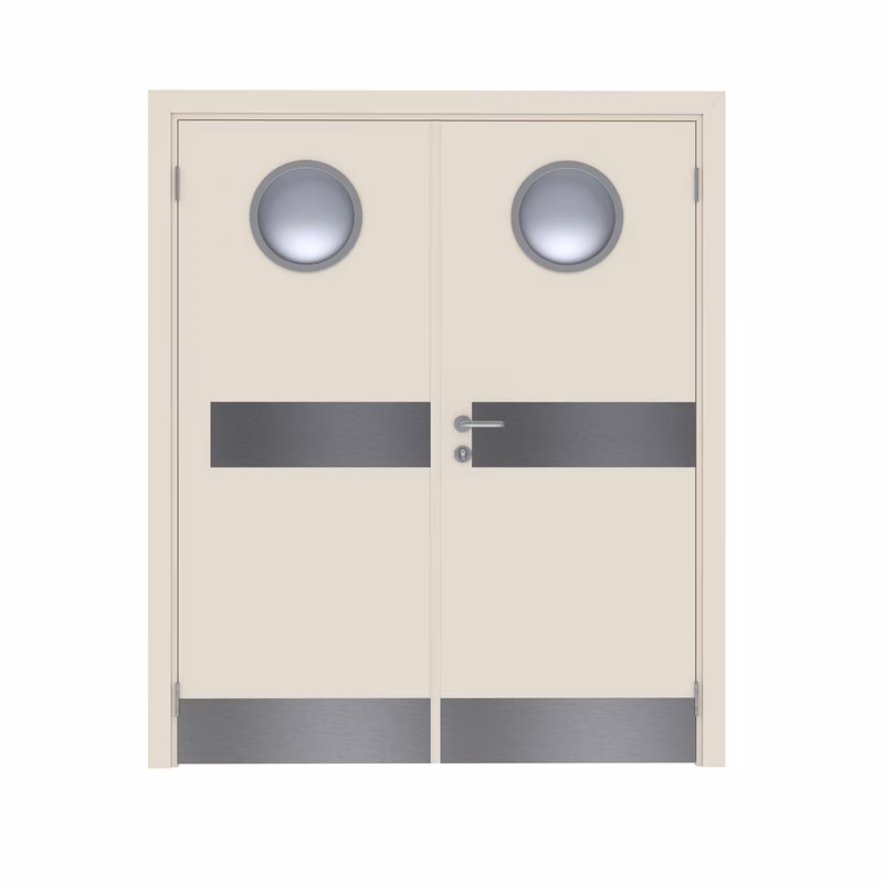Дверь Dionysus  двустворчатая Крем матовый с иллюминатором с отбойными пластинами на уровне ног и рук